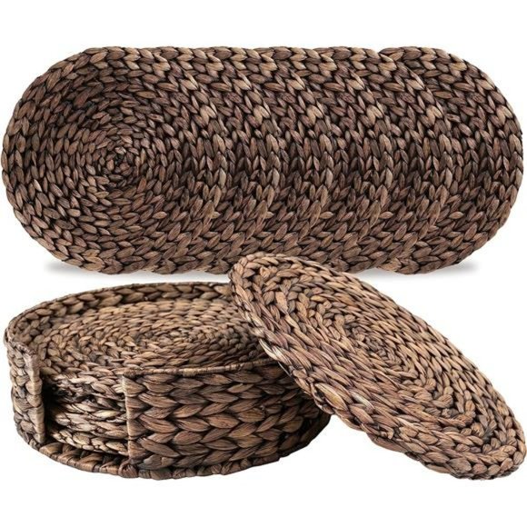 12 inches Woven Placemats Round Set of 6 with Decorative Round Holder, (Black) - Picture 1 of 7